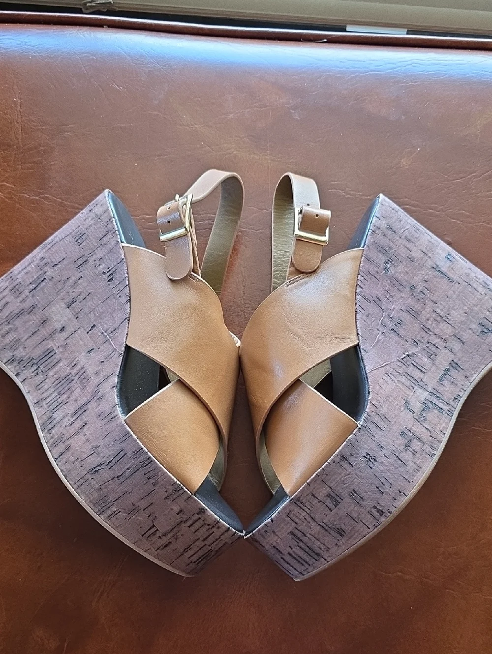 Tony Bianco Brown Cross-Strap Cork-Effect Platform Wedges